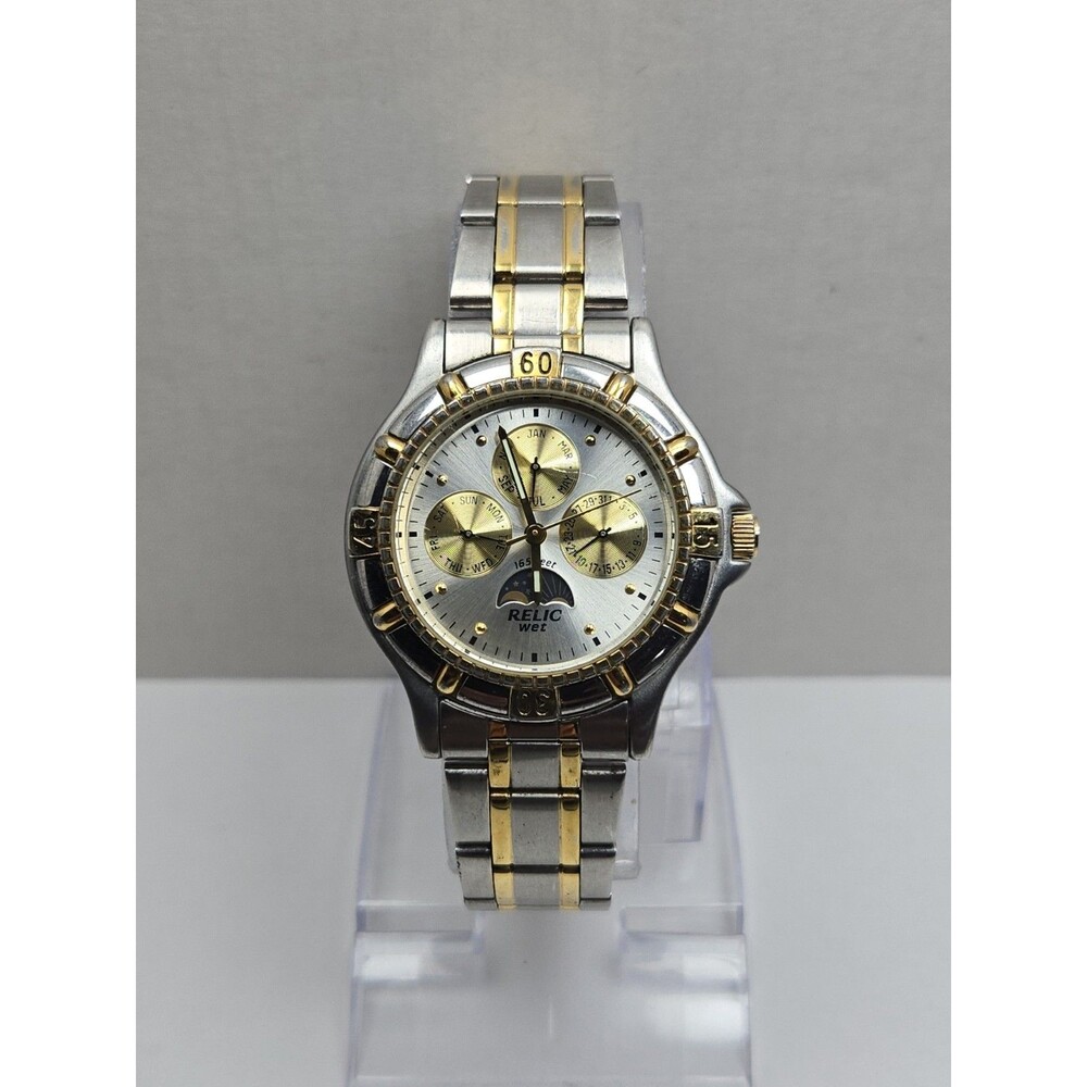 Vintage Relic Wet Mens Moon Phase Calendar Two Tone Stainless Quartz New Battery